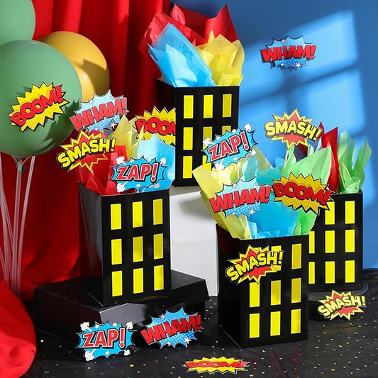 12 Sets Hero Theme Party Decoration Hero Boxes Centerpiece (7.9 x 5.1 x 5.1 Inch) Sticks with Tissue Paper Standing Cards Birthday Baby Shower Party Supplies (Yellow)
