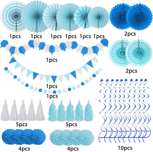ZERODECO Party Decorations, 41 Pcs Blue Papar Fans Pompoms Garlands String Tissue Paper Tassel for Fiesta Home Bridal Baby Shower Wedding Boy Girl Birthday Party