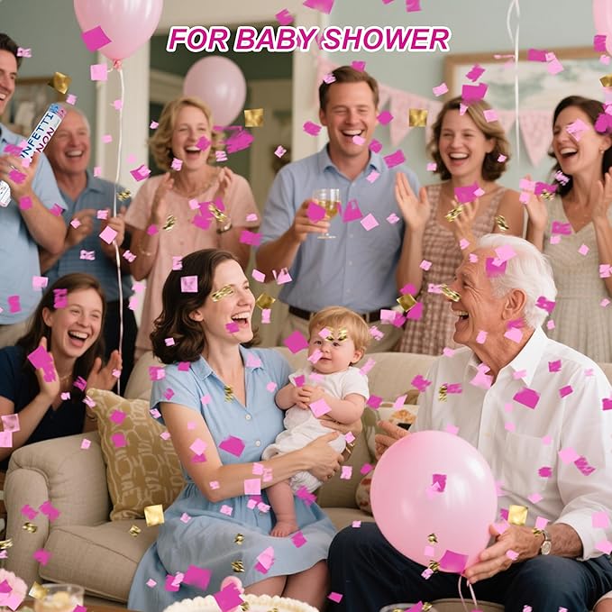 4 Pack Gender Reveal Confetti Cannon, 12 in Pink Square Shaped Paper Party Poppers Cannons, Confetti Poppers For Baby Boy Girl Gender Reveal Baby Showers (Square, Pink)