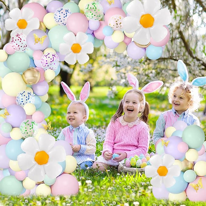 VinTS 150 PCS Daisy Pastel Balloon Garland Kit,White Daisy Flower Macaron Pastel Balloons Garland with Butterfly Stickers for Mothers Day Spring Easter Baby Shower Decoration