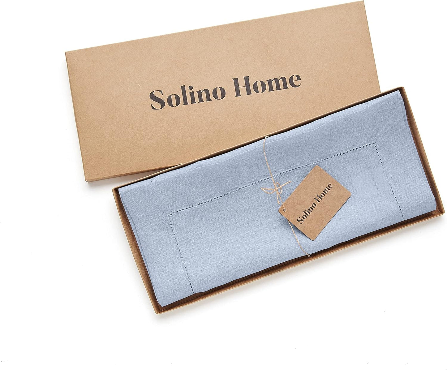 Solino Home Linen Sky Blue Table Runner 60 Inches - Classic Hemstitch, 100% Pure Linen Coffee Table Runner 14 x 60 Inch Ideal for Dresser Tables - Holiday