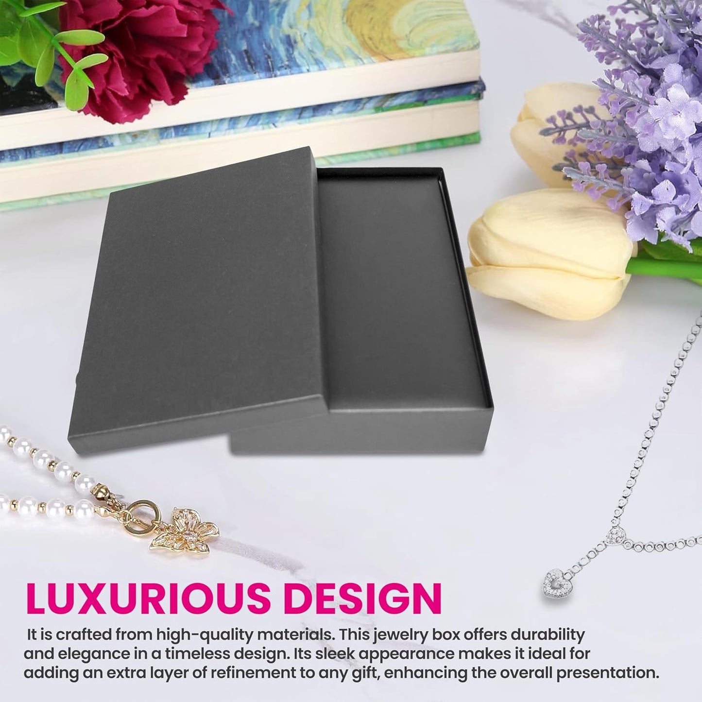 Novel Box Silver Jewelry Box for Necklace 5.5x8x1.87 Inches - Necklaces Gift Box for Proposal Wedding Engagement - Faux Leatherette Jewelry Display Box - Gift Presentation Boxes for Necklaces