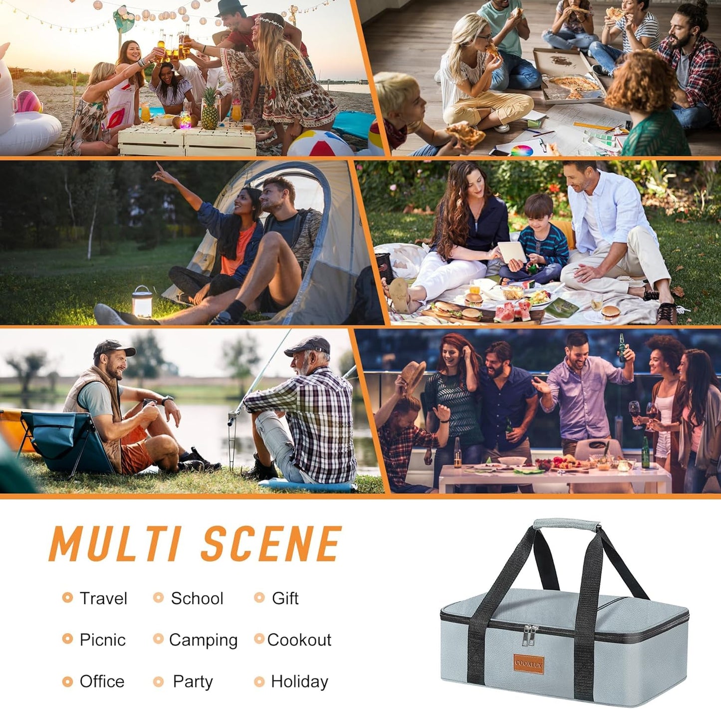 Insulated Casserole Carrier - Single Layer Design, Food Warmer Bag for Hot&Cold Food Travel, Fits 9x13 Casserole Dish, Leak-Proof, Durable Nylon, Zip Pockets, Grey