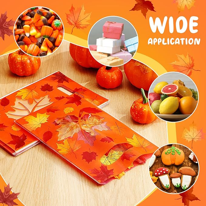 Supervitae 100 Pcs Thanksgiving Party Gift Bags Fall Maple Leaves Favor Bags Bulk with Handles for Snacks Goodie Candy Treat Thanksgiving Party Supplies