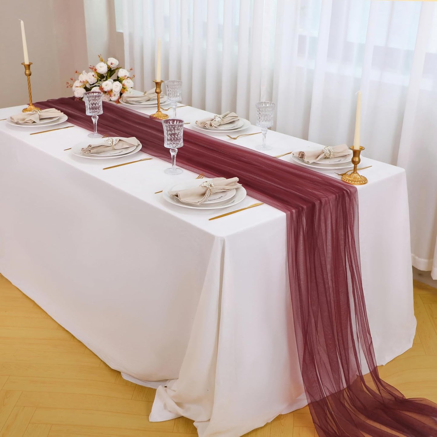 Snowkingdom Burgundy Red Fall Thanksgiving Table Runner, 10 FT Sheer Gauze Tulle Cheesecloth Fabric, Boho Elegant Table Decoration for Home Party Wedding Birthday Baby Shower Christmas Holiday