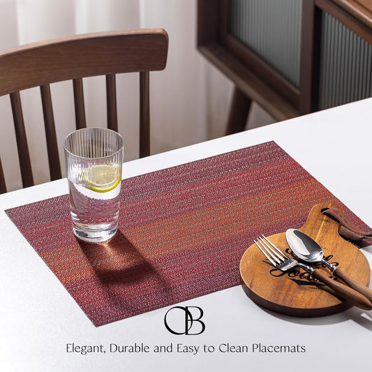 Placemats Set of 12 - Easy Clean Woven Vinyl Placemats for Dining Table, Indoor/Outdoor Place Mats, Washable PVC Table Mats(Pomegranate Parade)