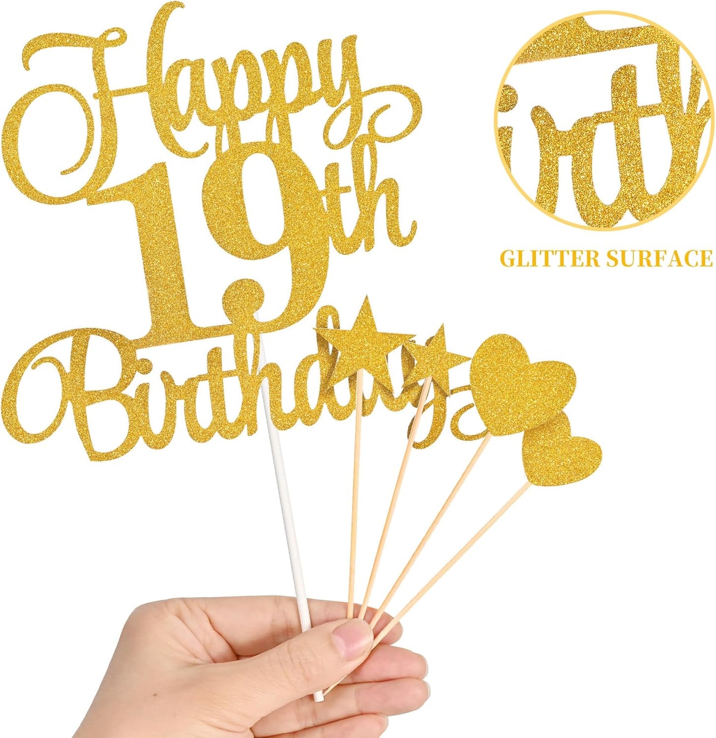 19th Birthday Cake Decorations, 19th Birthday Candles Cake Numeral Candles and Glitter Happy 19th Birthday Cake Toppers Set for Birthday Party Supplies (Gold)