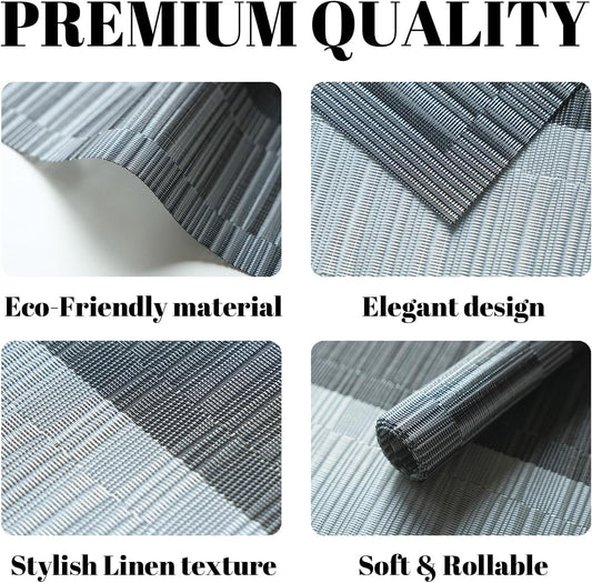 Placemats Set of 6 Vinyl/Plastic Woven Place Mats for Kitchen Table Indoor/Outdoor Washable Placemat Wipeable Dining Table Mats (Ombre Silver Grey Black,6)