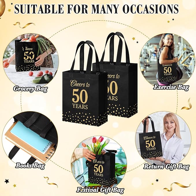 Supervitae 24 Cheers to 50 Years Gift Party Bags Medium Black and Gold Party Decoration Supplies Reusable Non Woven Totes for Birthday Anniversary Wedding Favor(9.8" x 7.9" x 3.9")