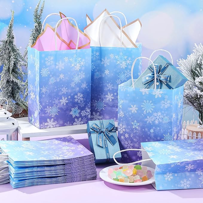 ReliThick 30 Pcs Snowflake Paper Bags Iced Candy Treat Goodie Gift Bags with Handle Blue and Purple Party Favors for Princess Holiday Birthday Wonderland Party Supplies (5.91 x 8.27 x 3.15 inches)