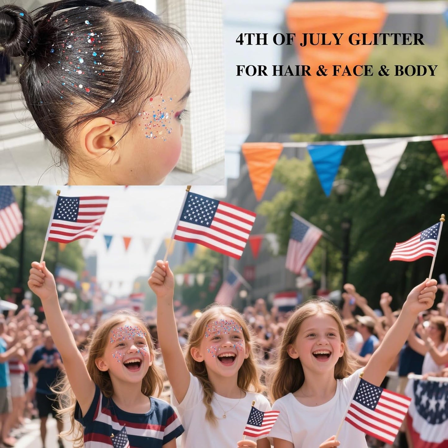 MEICOLY Red White and Blue Face Body Glitter Stick,Hair Glitter Stick for Kids and Women,Sparkle Patriotic Pride Chunky Glitter Makeup for Memorial Day,4th of July Accessories Outfits for Women