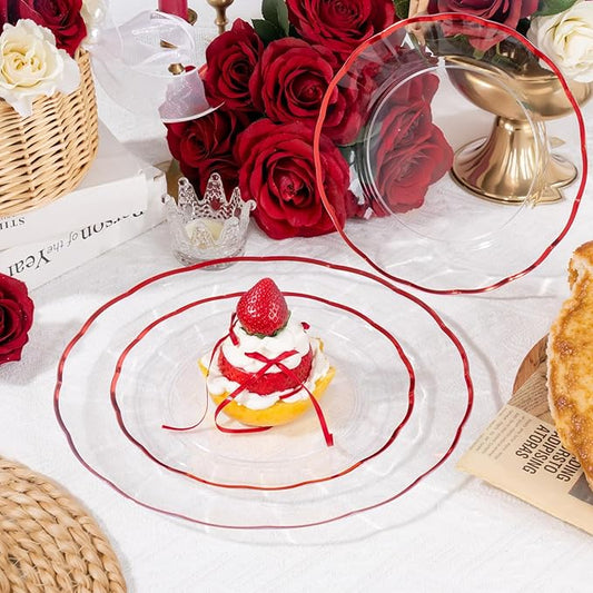 supernal 60pcs Clear and Red Plastic Plates,Fancy Scalloped Plates Disposable Heavy Duty, Wedding Disposable Dinnerware Include 30 Dessert Plate and 30 Dinner Plastic Plate for Party and Birthday