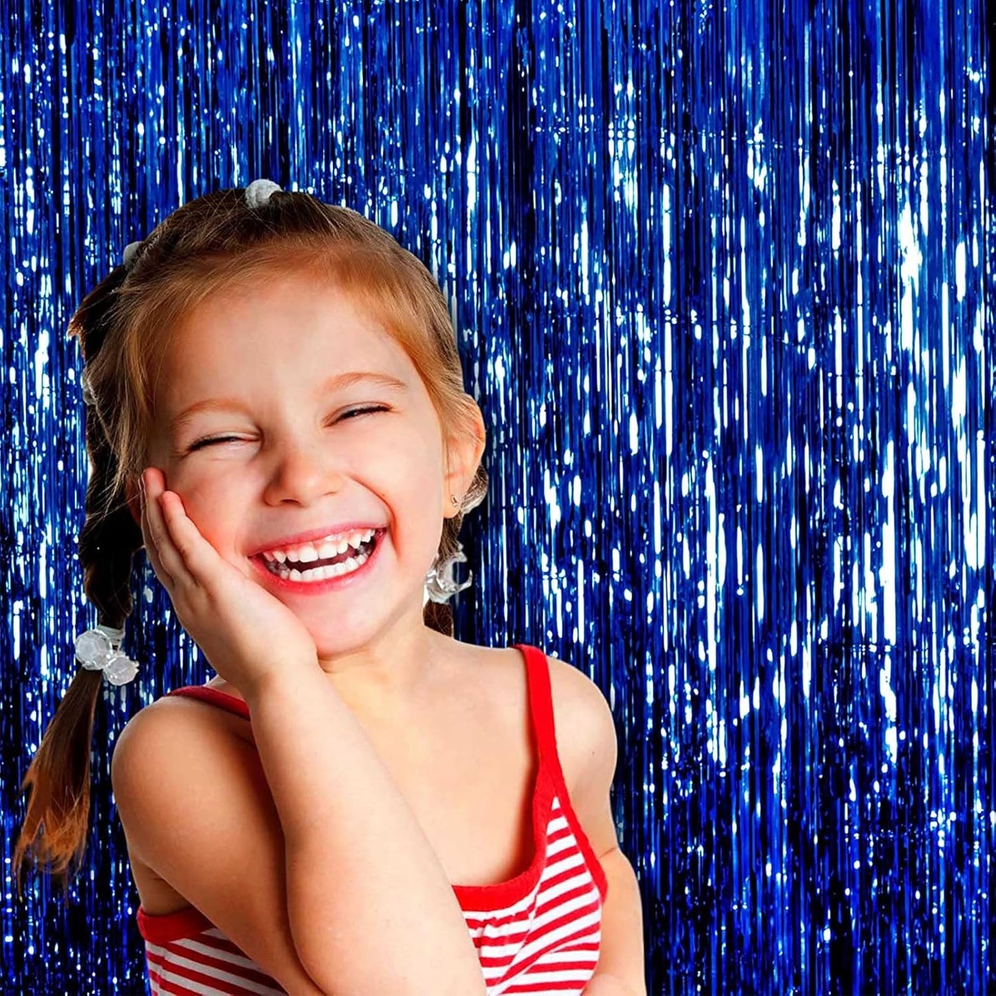 4 Pack Blue Foil Fringe Curtain Backdrop, 3.28Ftx8.2Ft Metallic Tinsel Streamers for Sea Party, Photo Booth Props, Birthday, 2022 Summer Ocean Theme Party Decoration Supplies