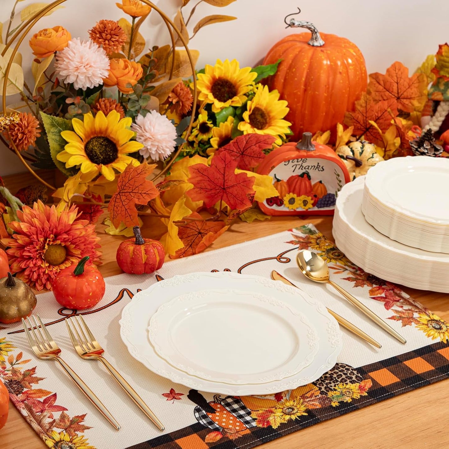 U-QE 100 Pieces Ivory Thanksgiving Plastic Plates for Party - Ivory Disposable Plastic Plates - Heavy Duty Disposable Platos Including 50 Dinner 10 '' & 50 Dessert 7.5 '' for Thanksgiving