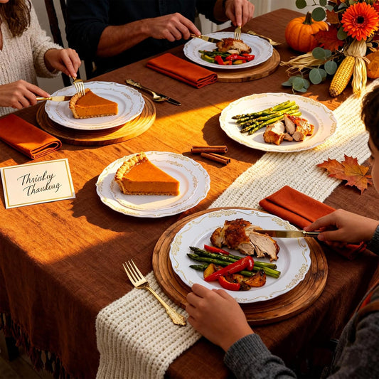 DaYammi 150Pcs White Gold Plastic Plates & Plastic Silverware, Gold Disposable Plates for Party Include 30 Dinner Plate, 30 Dessert Plate, 30 Knives, 30 Forks, 30 Spoons for Thanksgiving Party Holiday