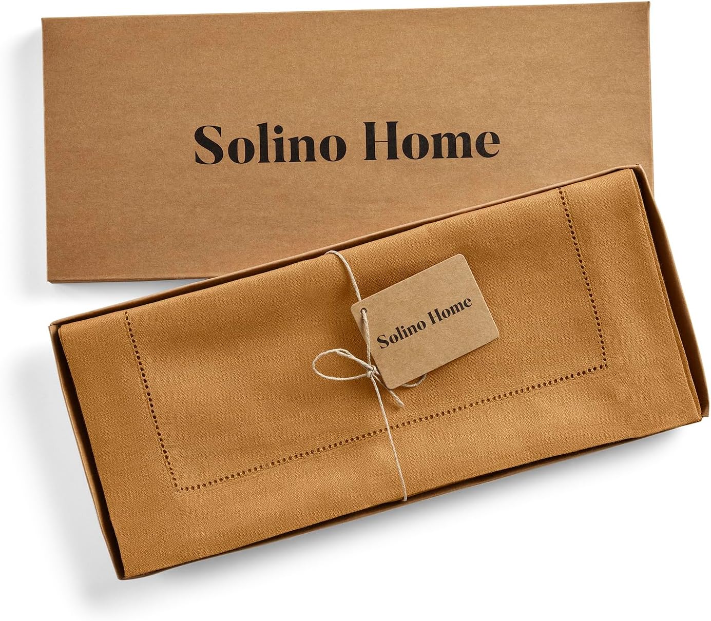 Solino Home Linen Table Runner 48 Inches - 100% Pure Linen Brown Sugar Hemstitch Table Runner 14 x 48 Inch Ideal for Dresser and Coffee Tables - Fall, Autumn, Thanksgiving - Classic Hemstitch