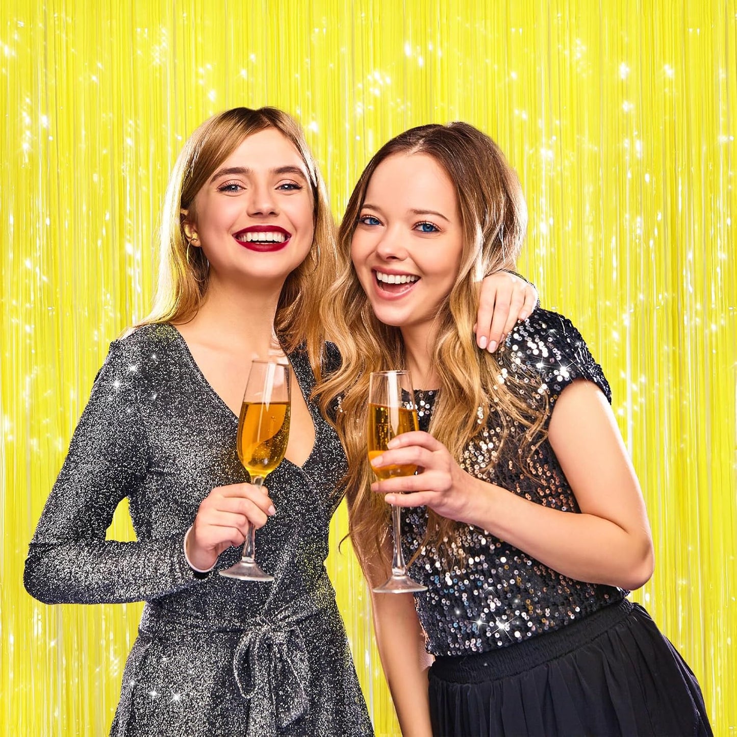 2 Pack Yellow Metallic Tinsel Foil Fringe Curtains, Door Streamers Photo Booth Backdrop for Birthday Party, Tinsel Curtain Backdrop for Baby Shower Bachelorette Christmas Party Decorations
