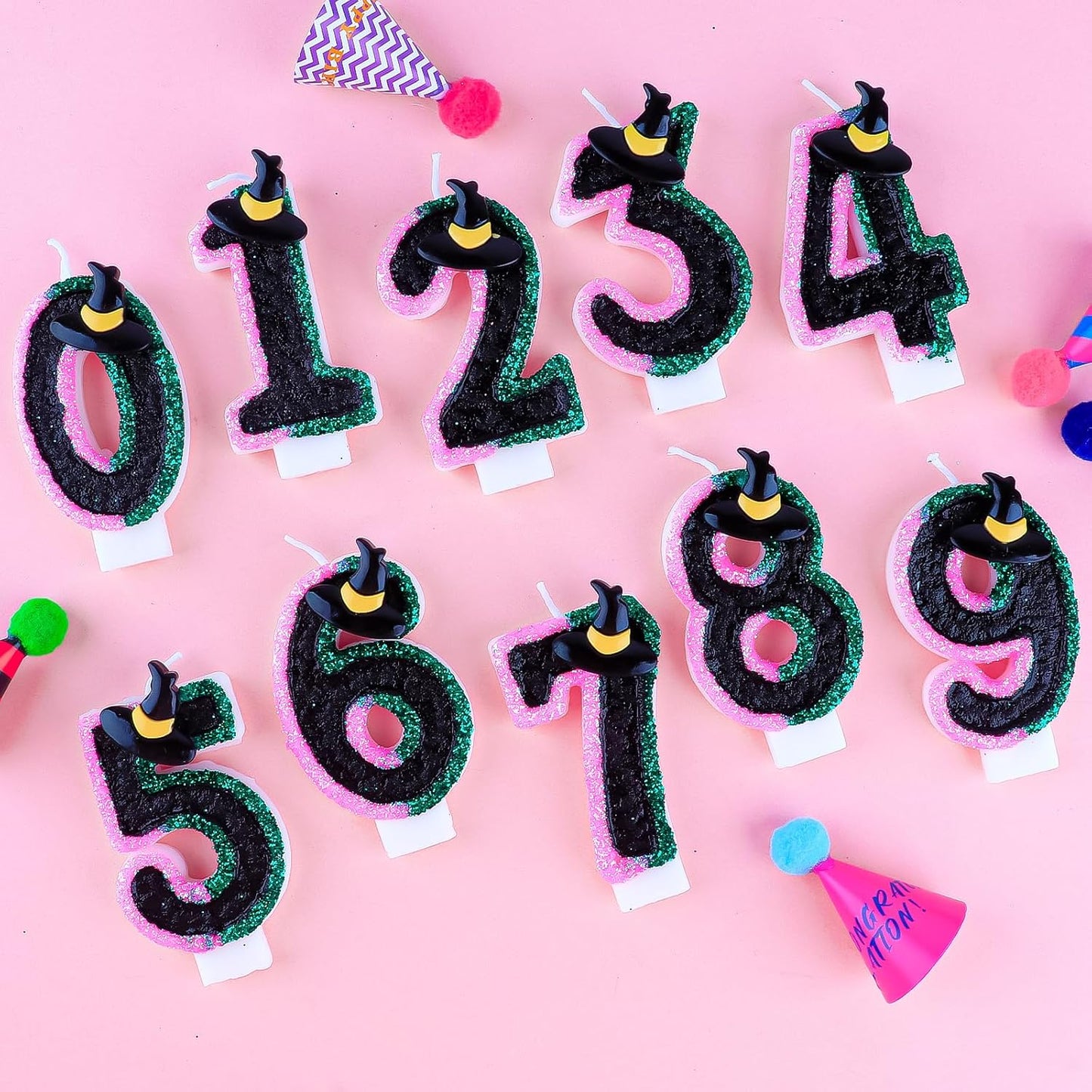 Birthday Number 12 Candles for Cake, Pink Green Black Party Decorations, Witch Birthday Party Decorations for Girls, Pink Green Birthday Candles, Cake Candle, Party Candle