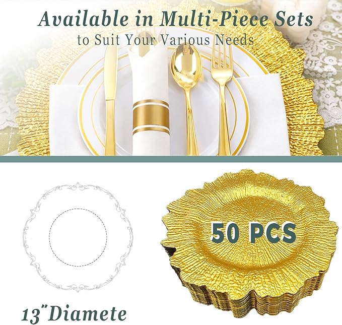 Gold Charger Plates Set of 15/50, Reef Plate Chargers for Dinner Plate, Round Plastic Table Chargers for Thanksgiving, Christmas (50)