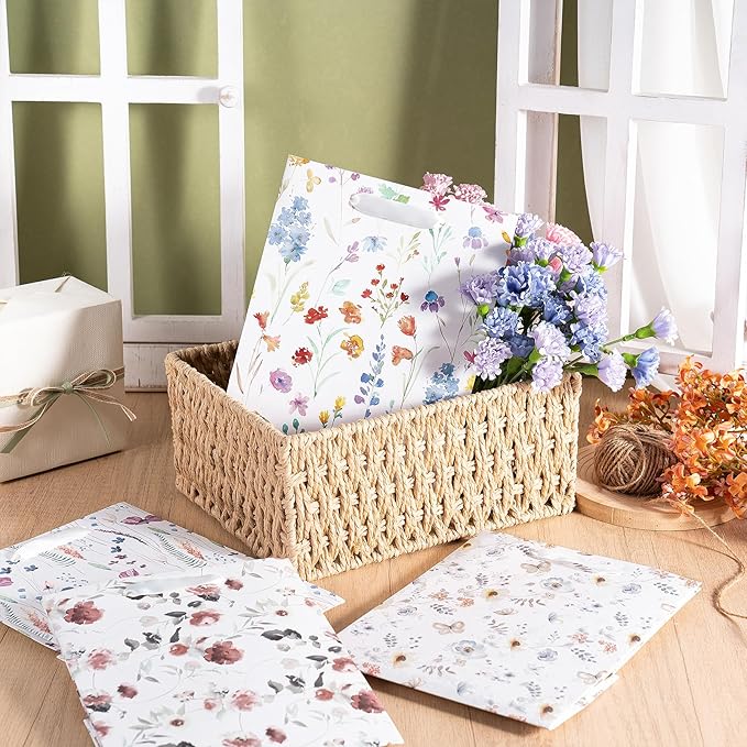 Loveinside Medium Size Gift Bags, Colorful Flower Pattern Gift Bag with Tissue Paper for Shopping, Parties, Wedding, Baby Shower, Craft-4 Pack, 7" X 4" X 9"