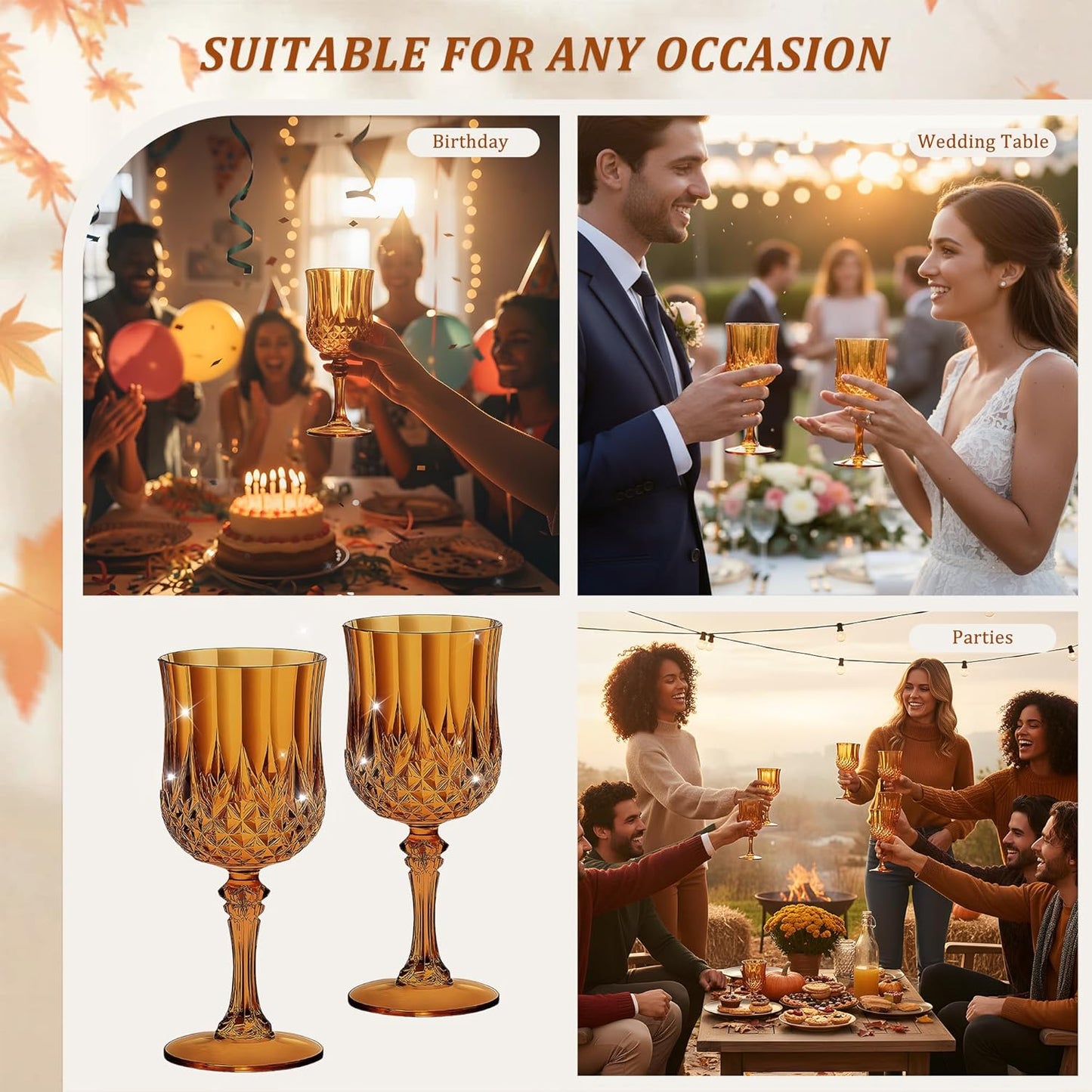 48PCS 7OZ Amber Wine Plastic Glasses, Drinking Champagne Glasses Flutes Crystal Vintage Water Unbreakable Goblets for Wedding, Parties