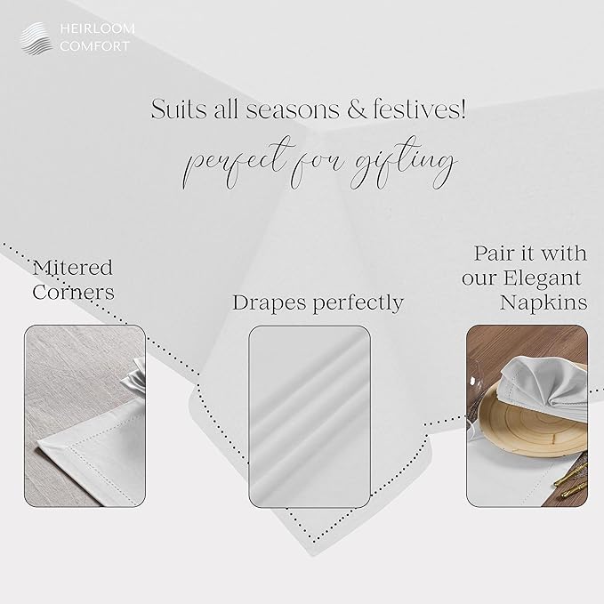 White Tabletop Tablecloth, 60x102 Inch, 100% Cotton, Fits 8-10 Seats, Washable, Soft, Durable, Wrinkle Resistant, Rectangle Table Cover for Dining, Weddings, Holiday Celebrations