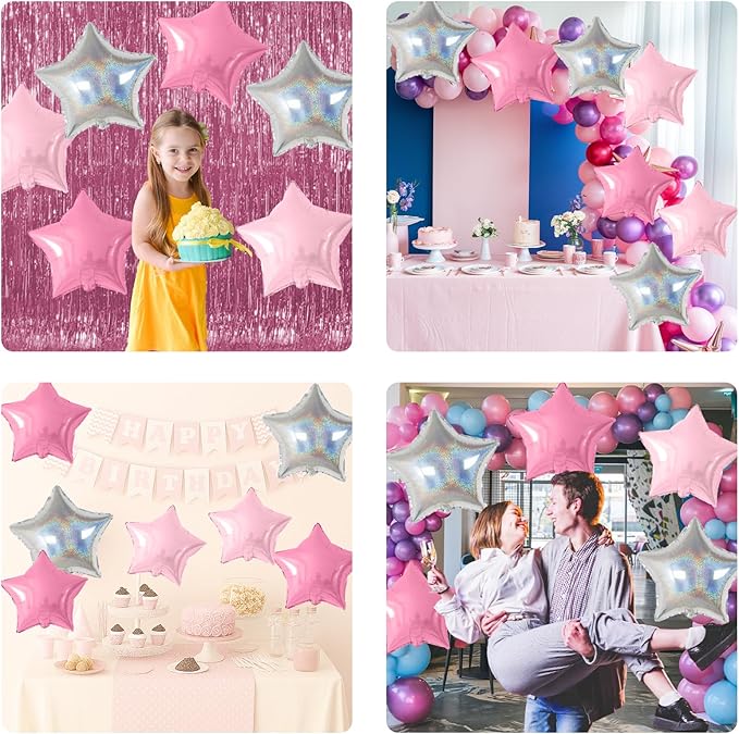 Pink and Silver Star Foil Balloons, 10PCS Pink Laser Silver Foil Stars Shape Balloon, 18 Inch Metallic Glitter Stars Balloons Helium for Girls Women Birthday, Princess, Anniversary Party Decoration