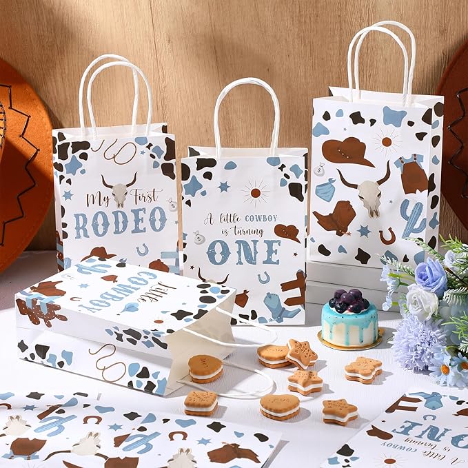 Gaillty 24 Pcs My First Rodeo Party Favor Bags 1st Rodeo Birthday Gift Bags Decorations Paper Cowboy Wild West Goodie Bag with Handles for Treat Candy Western Birthday Baby Shower Party Supplies
