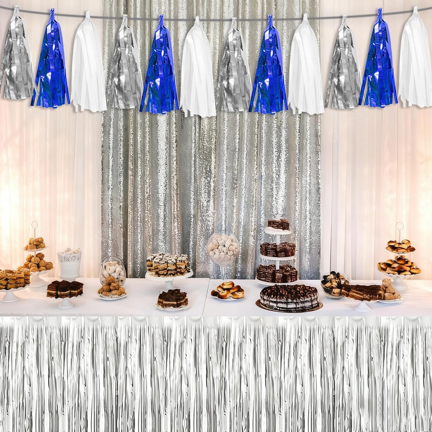 4P Navy Blue White Silver Tassel Banner Garland Metallic Foil Fringe Banner Tinsel Tassels Streamer Banner Backdrop for Parade Floats, 2025 Graduation Decorations, Retirement Party Decorations