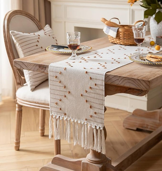 Boho Table Runner 13 x 108 Inch Long Natural Cotton Woven Runner with Tassels for Home Dining Table décor, for Modern Farmhouse Decor Coffee Table Runner, Brown and Beige