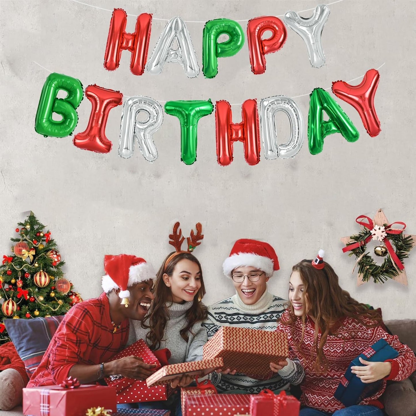 TONIFUL Red Green Silver Happy Birthday Balloons Banner,16 Inch Mylar Foil Birthday Sign Banner for Girls Boys Kids & Adults Birthday Decorations Christmas Party New Year's Eve Supplies