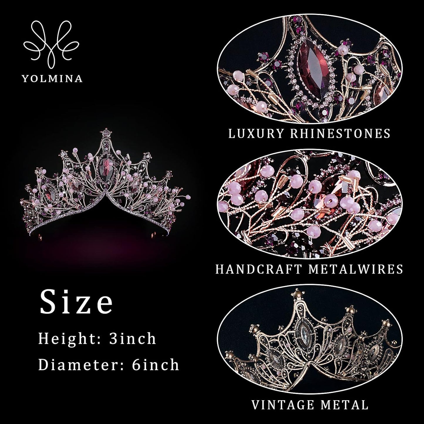 Vintage Baroque Queen Crowns, Purple Gothic Tiara for Women, Quinceanera Tiaras and Crown for Photogragh Medieval Costume Prom Cosplay Birthday Hair Accessories - Yolmina