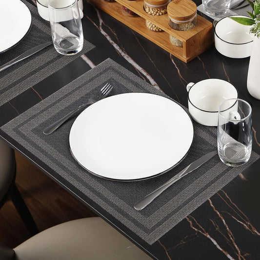 Placemats Set of 12,Washable,Heat and Stain Resistant Indoor/Outdoor Place mats,Vinyl Woven Non Slip Table Mats for Restaurant Table Protection,PVC Placemats(Black Gold 8PCS)
