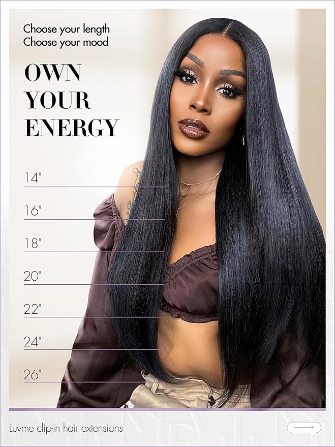 LUVME Yaki Straight Seamless Clip in Hair Extensions 70g, 20 Inch Natural Black, 100% Real Remy Human Hair, Soft Full Volume, Easy Clip Ins for Daily Wear, Work, Parties & Weddings
