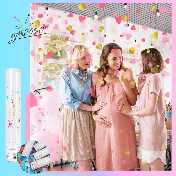 Gender Reveal Confetti Cannon,2 Blue 2 Pink Paper Connon Safty Party Poppers Shoots 20-25ft,12 inch Upgrade Firmware Baby Shower Gender Reveal Party Supplies Maternity Shoots