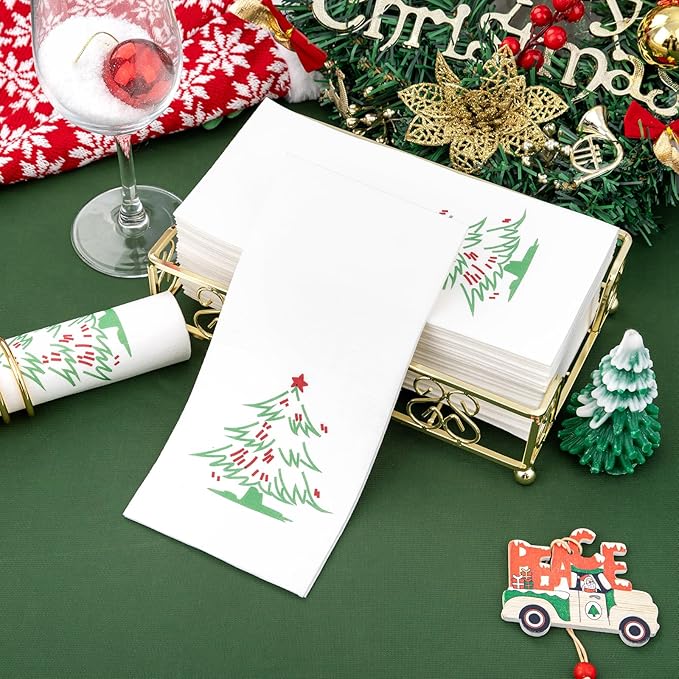Supernal 100pcs Christmas Napkins Disposable - Christmas Tree Paper Napkins - Linen Like Holiday Napkins - Party Dinner Napkins Disposable Guest Towels for Bathroom Kitchen Christmas Party Decor