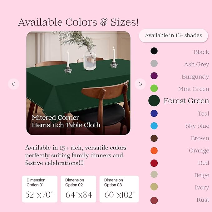 Forest Green Table Cover, 60x84 Inch, 100% Cotton, Fits 6-8 Seats, Soft, Durable, Washable, Wrinkle Resistant, Rectangle Tablecloth for Dining, Holiday Celebrations, Dinner, Events