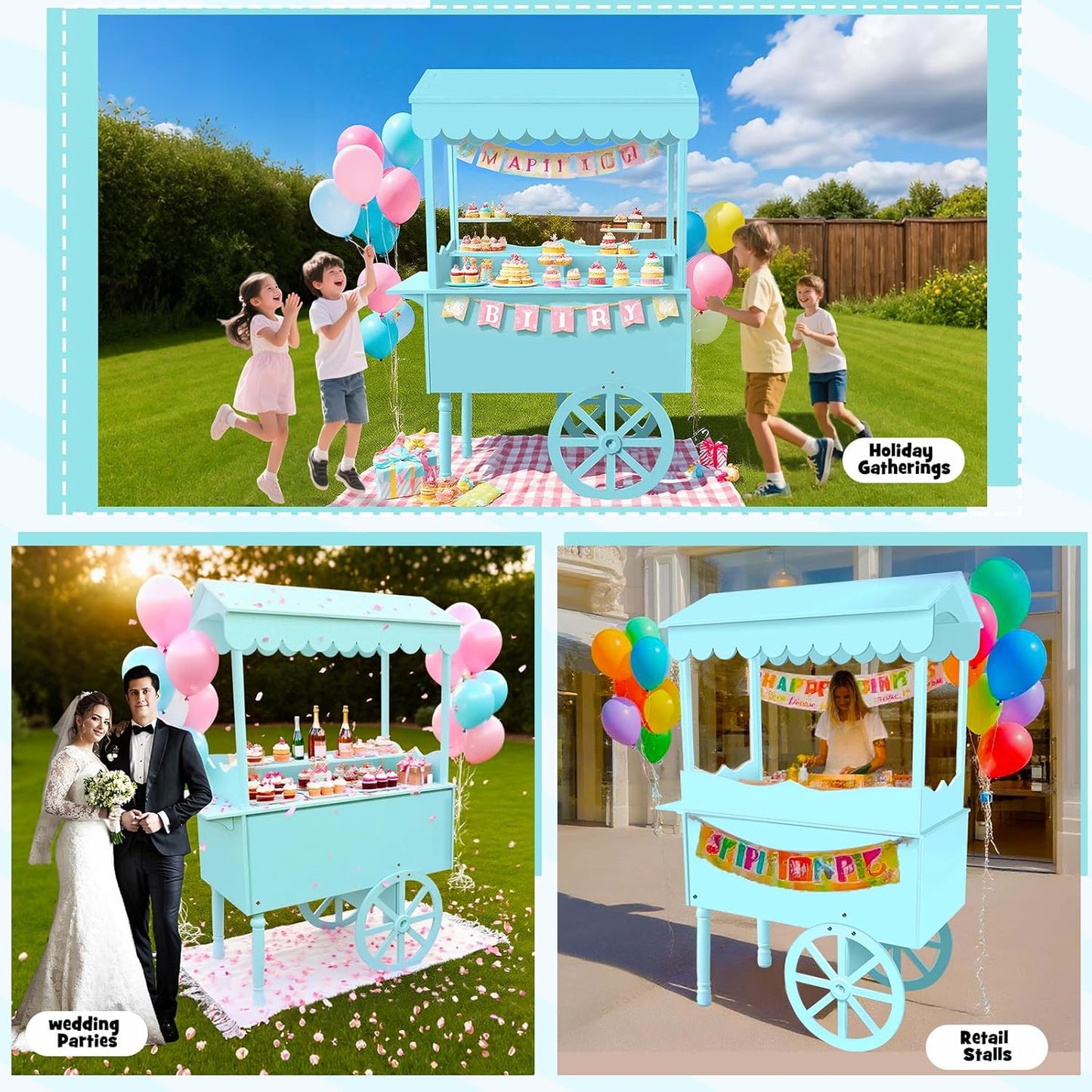Candy Cart Display Stand for Party, Dessert Cake Cart Stand with Wheels, Vintage Dessert Display Stand Decoration Cart with 100 Balloons, String Light for Parties, Birthdays & Weddings (BLUE)