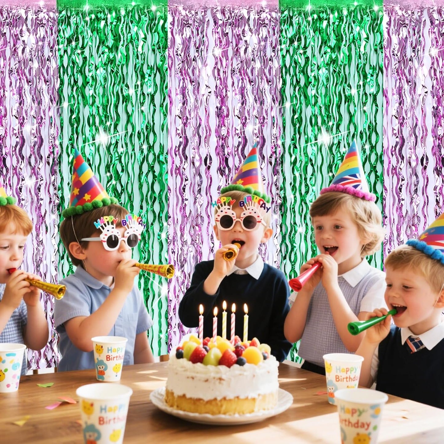 4 Pcs Green Pink Splicing Tinsel Backdrop, Tinsel Foil Fringe Curtains Wavy Backdrop for Parties,Shiny Streamers Party Decorations,Photo Booth Foil Curtain for Birthday Party Decorations,3.2ft × 6.6ft