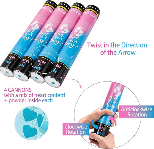 Crisky Gender Reveal Confetti Cannon Heart Shaped Confetti Poppers 4 Pack (Blue) for Baby Shower Baptism Party Cannons Shooter Blaster