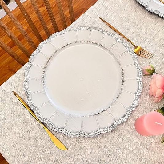 White Antique Charger Plates,13 Inch Metallic Chargers for Dinner Plates, Bead Rim Plastic Chargers For Dining, Wedding, Party,Shower. 6 Pack Decorative Holiday Tabletop Decor