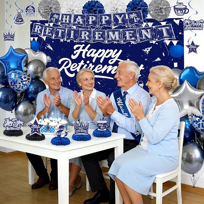 Retirement Party Decorations, Blue Silver Happy Retirement Decorations for Women Men Happy Banner & Backdrop Hanging Swirls Foil Balloon Retire Sash Paper PomPoms and Honeycomb Centerpieces
