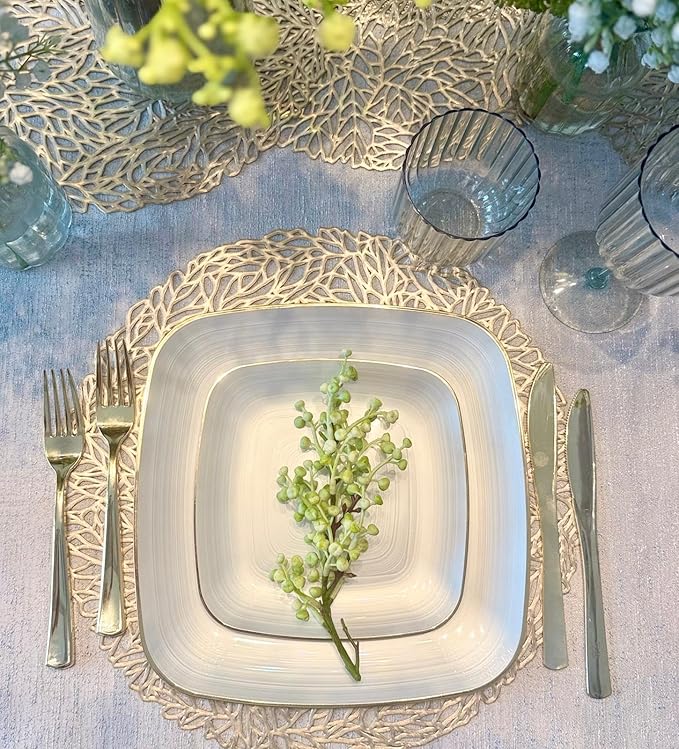 " OCCASIONS " 240 Pieces Pack,(120 Guests) Premium Wedding Party Disposable Plastic Plates Set -120 x 10'' Dinner + 120 x 7'' Salad/Dessert (Belize Square in Ivory & Gold)