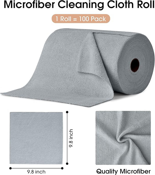 KitchLife Microfiber Cleaning Cloth Roll, 100 Pack - Tear-Away Microfiber Paper Towels, Lint-Free, Reusable, Washable for Kitchen, Car, Dishes, and Sensitive Surfaces (Grey)