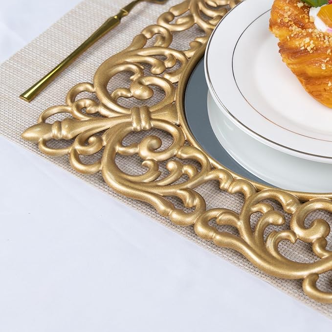 MAONAME 12" Gold Charger Plates Set of 6, Mirror Charger for Dinner Plates, Plastic Plate Chargers with Embossed Rims, Square Chargers for Table Setting, Wedding