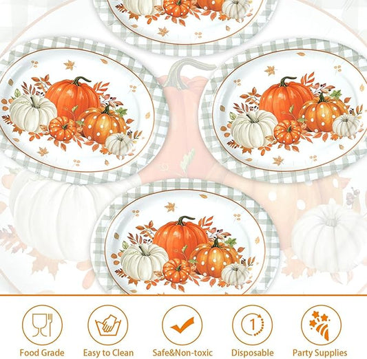 Grencian 50Pcs Fall Oval Paper Plates 10" x 12" Gray Plaid Orange Pumpkin Plate Disposable Fall Pumpkin White Plates Tableware Sets for Thanksgiving Autumn Holiday Dinner Party Supplies Decoration