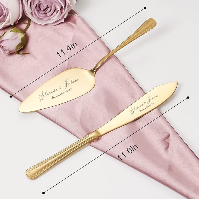Personalized Wedding Cake Knife and Server Set, Vintage Engraved 2-Piece Pie Cake Cutter Serving Set, Custom Bridal Anniversary Birthday Quinceaera Gift