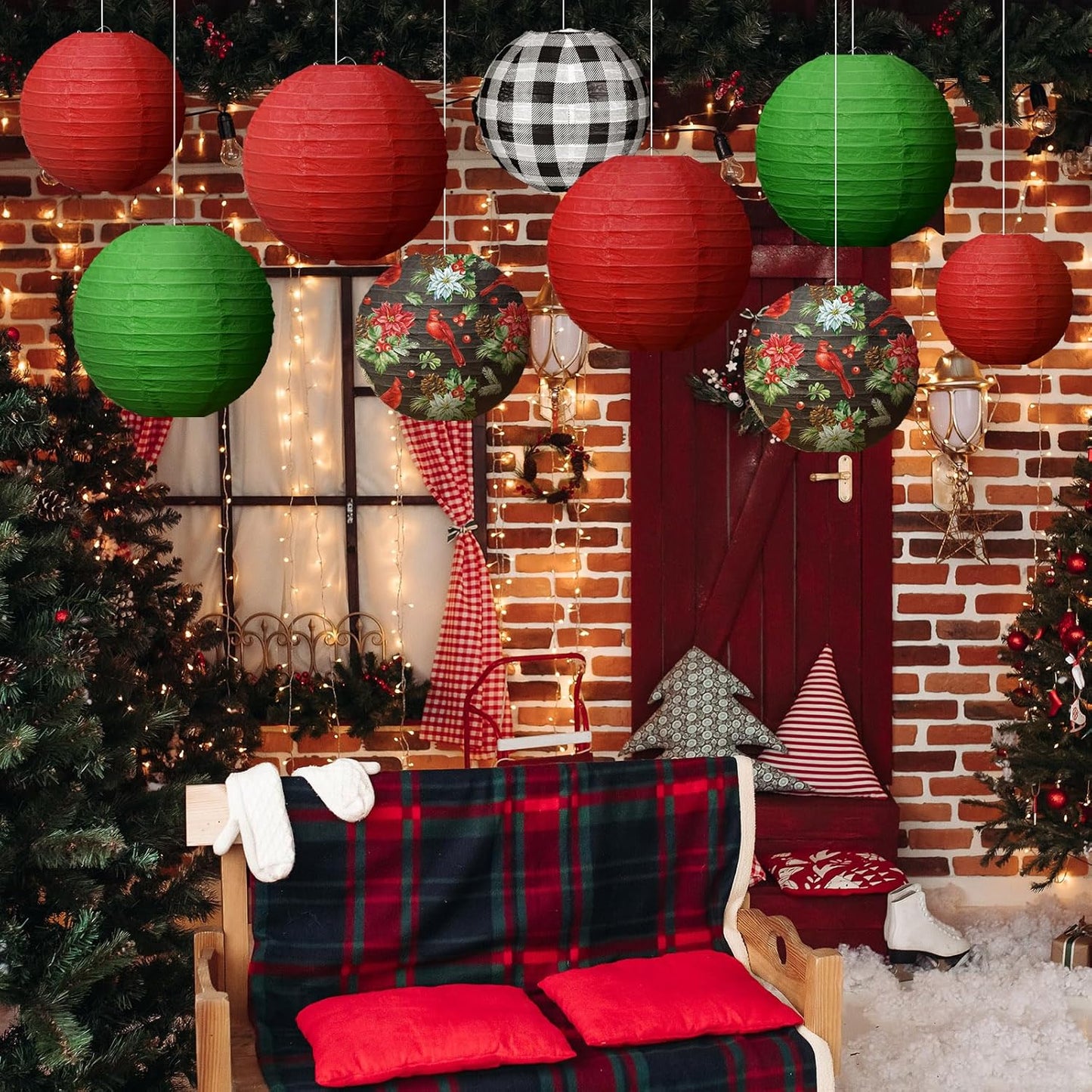 Bencailor 12 Pcs Christmas Hanging Paper Lanterns Set Decorative Party Round Hanging Lamps for Xmas Home Decoration Supplies Props Holiday Decor(12, 10, 8 Inch,Plaid)