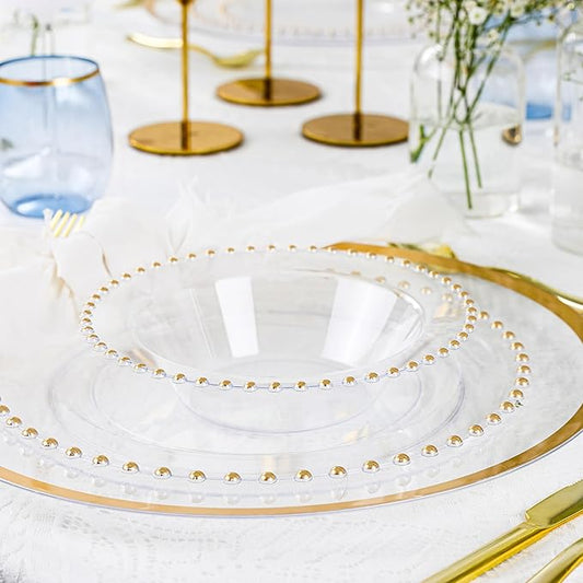 PLASTICPRO 32 Piece Plastic Dinner Plates Bowls Disposable Plastic Fancy Heavy Duty Party Dishes 12 oz Clear and Gold Bead Bowls