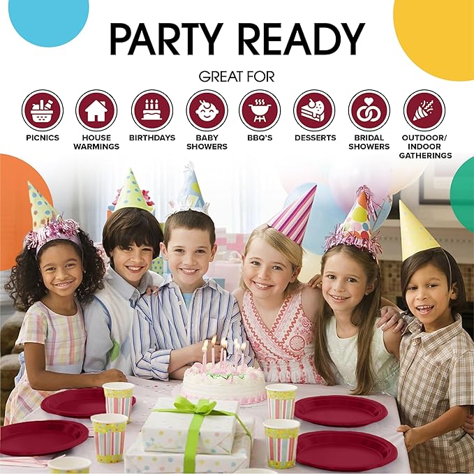 Exquisite Party Solids Burgundy Plastic Plates For Party Supplies 7" Burgundy Disposable Plates Heavy Duty 50 Pcs Plastic Dinnerware Sets Heavy Duty 350 GSM Disposable Dinnerware Set
